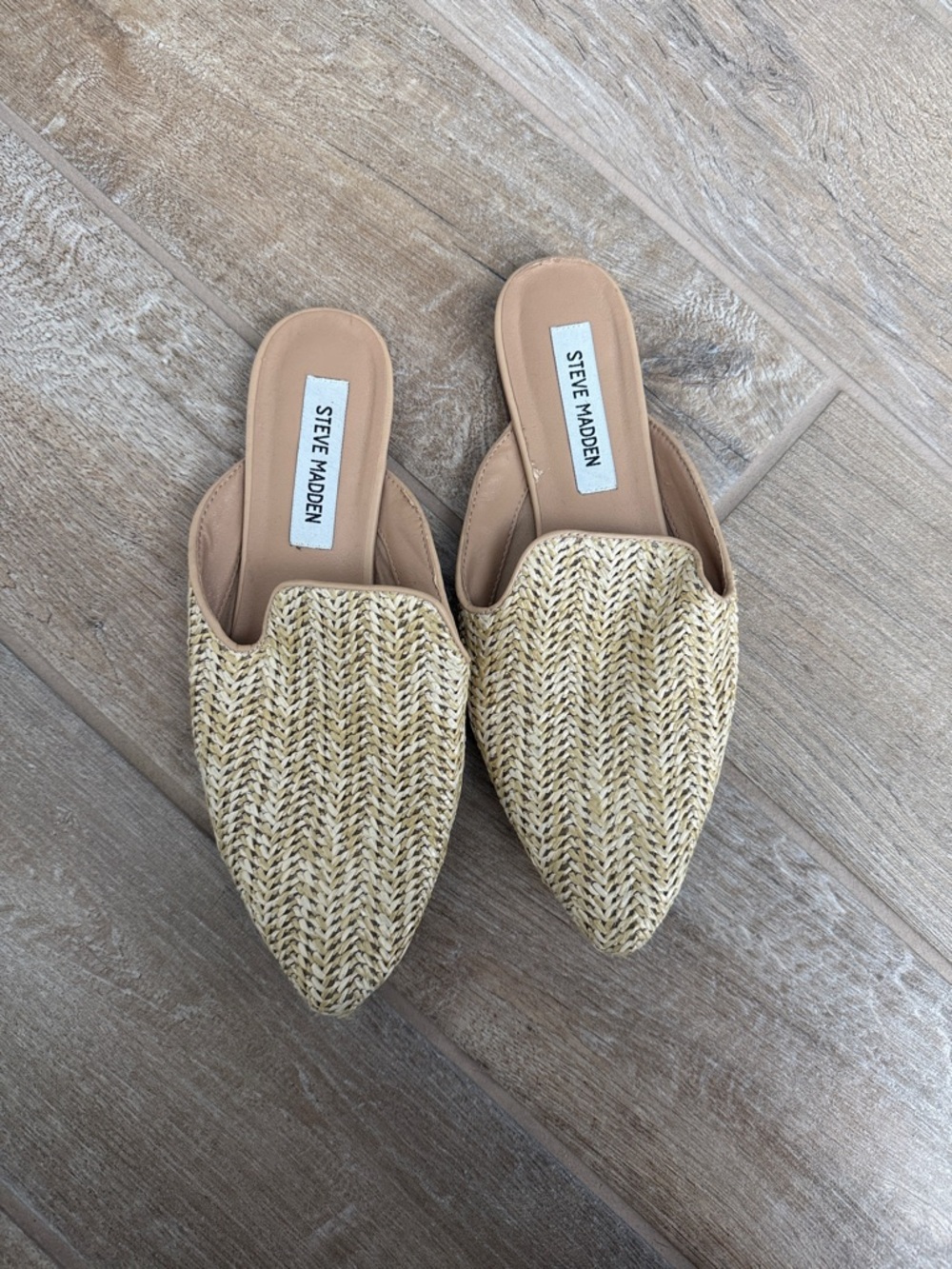 Steve Madden Woven Pointed Toe Slip-On Mules in Natural Tan